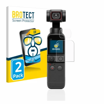 Parte frontal de un envase de producto con el logotipo de la marca BROTECT. Al lado se muestra el dispositivo DJI Osmo Pocket 