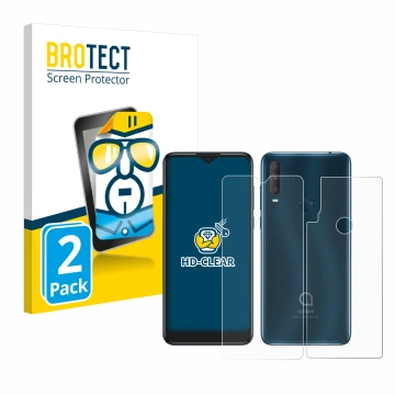 Parte frontal de un envase de producto con el logotipo de la marca BROTECT. Al lado se muestra el dispositivo Alcatel 1S 2020 