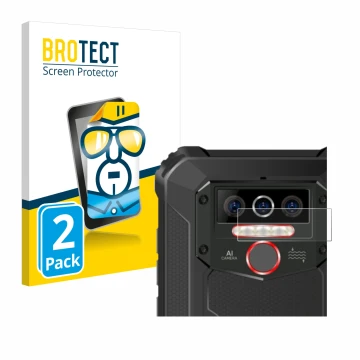 Parte frontal de un envase de producto con el logotipo de la marca BROTECT. Al lado se muestra el dispositivo Oukitel WP5 (SÓL