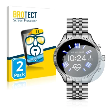 Parte frontal de un envase de producto con el logotipo de la marca BROTECT. Al lado se muestra el dispositivo Michael Kors Acc