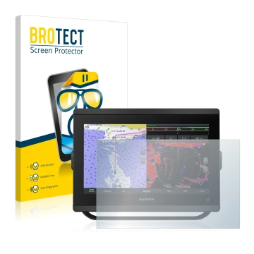 Parte frontal de un envase de producto con el logotipo de la marca BROTECT. Al lado se muestra el dispositivo Garmin GPSMAP 84