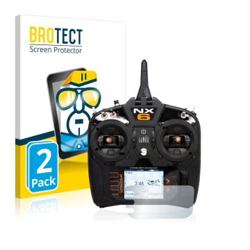 Parte frontal de un envase de producto con el logotipo de la marca BROTECT. Al lado se muestra el dispositivo Spektrum NX6 con