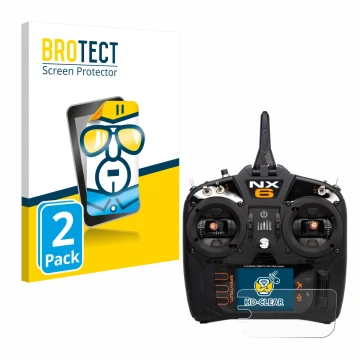 Parte frontal de un envase de producto con el logotipo de la marca BROTECT. Al lado se muestra el dispositivo Spektrum NX10 co