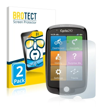 Parte frontal de un envase de producto con el logotipo de la marca BROTECT. Al lado se muestra el dispositivo Mio Cyclo 210 co