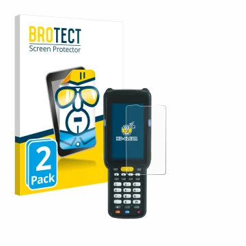 Parte frontal de un envase de producto con el logotipo de la marca BROTECT. Al lado se muestra el dispositivo Zebra MC3300X co