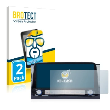 Parte frontal de un envase de producto con el logotipo de la marca BROTECT. Al lado se muestra el dispositivo Hyundai Kona 202