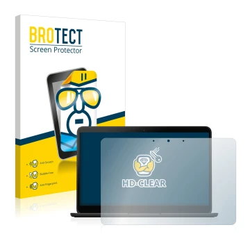 Parte frontal de un envase de producto con el logotipo de la marca BROTECT. Al lado se muestra el dispositivo Google Pixelbook