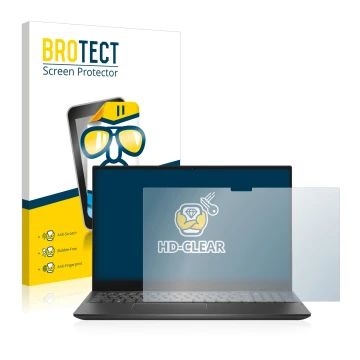 Parte frontal de un envase de producto con el logotipo de la marca BROTECT. Al lado se muestra el dispositivo Dell Inspiron 15