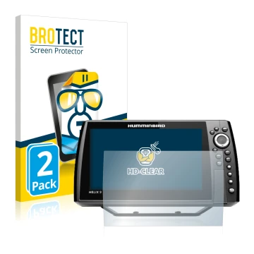 Parte frontal de un envase de producto con el logotipo de la marca BROTECT. Al lado se muestra el dispositivo Humminbird Helix
