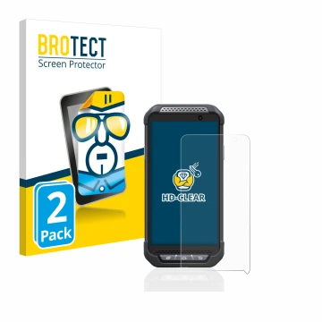 Parte frontal de un envase de producto con el logotipo de la marca BROTECT. Al lado se muestra el dispositivo Point Mobile PM8