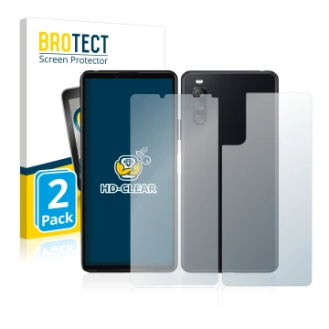 Parte frontal de un envase de producto con el logotipo de la marca BROTECT. Al lado se muestra el dispositivo Sony Xperia 10 I