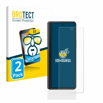 Parte frontal de un envase de producto con el logotipo de la marca BROTECT. Al lado se muestra el dispositivo Samsung Galaxy Z