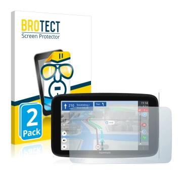 Parte frontal de un envase de producto con el logotipo de la marca BROTECT. Al lado se muestra el dispositivo TomTom GO Discov