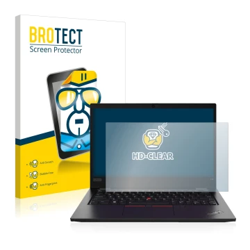 Parte frontal de un envase de producto con el logotipo de la marca BROTECT. Al lado se muestra el dispositivo Lenovo ThinkPad 