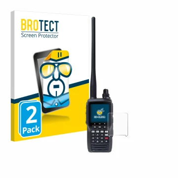 Parte frontal de un envase de producto con el logotipo de la marca BROTECT. Al lado se muestra el dispositivo Yaesu FTA-550 co