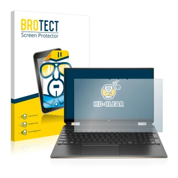 Parte frontal de un envase de producto con el logotipo de la marca BROTECT. Al lado se muestra el dispositivo HP Spectre x360 