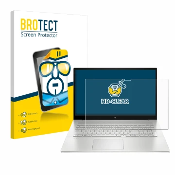 Parte frontal de un envase de producto con el logotipo de la marca BROTECT. Al lado se muestra el dispositivo HP Envy 17-cX co