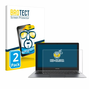 Parte frontal de un envase de producto con el logotipo de la marca BROTECT. Al lado se muestra el dispositivo Chuwi HeroBook P