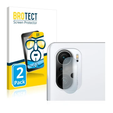 Parte frontal de un envase de producto con el logotipo de la marca BROTECT. Al lado se muestra el dispositivo Xiaomi Poco F3 (