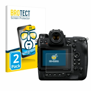 Parte frontal de un envase de producto con el logotipo de la marca BROTECT. Al lado se muestra el dispositivo Nikon Z 9 con su