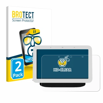 Parte frontal de un envase de producto con el logotipo de la marca BROTECT. Al lado se muestra el dispositivo Google Nest Hub 