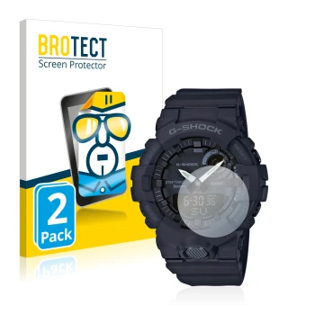 Parte frontal de un envase de producto con el logotipo de la marca BROTECT. Al lado se muestra el dispositivo Casio G-Shock GB