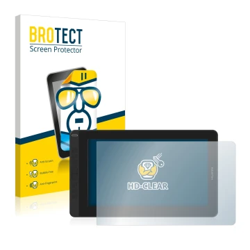 Parte frontal de un envase de producto con el logotipo de la marca BROTECT. Al lado se muestra el dispositivo Huion Kamvas 13 