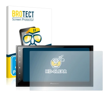 Parte frontal de un envase de producto con el logotipo de la marca BROTECT. Al lado se muestra el dispositivo Pioneer SPH-DA25