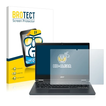 Parte frontal de un envase de producto con el logotipo de la marca BROTECT. Al lado se muestra el dispositivo Acer TravelMate 