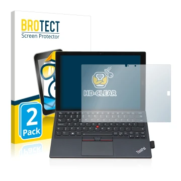 Parte frontal de un envase de producto con el logotipo de la marca BROTECT. Al lado se muestra el dispositivo Lenovo ThinkPad 