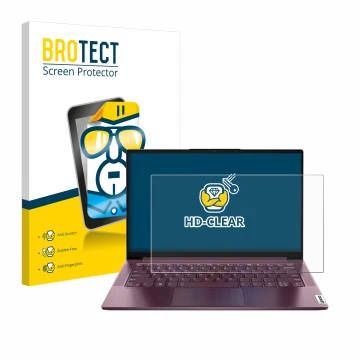 Parte frontal de un envase de producto con el logotipo de la marca BROTECT. Al lado se muestra el dispositivo Lenovo Yoga Slim