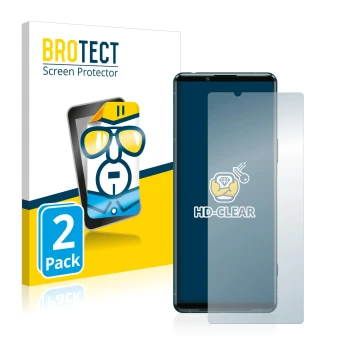Parte frontal de un envase de producto con el logotipo de la marca BROTECT. Al lado se muestra el dispositivo Sony Xperia 5 II