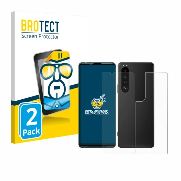 Parte frontal de un envase de producto con el logotipo de la marca BROTECT. Al lado se muestra el dispositivo Sony Xperia 5 II