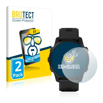 Parte frontal de un envase de producto con el logotipo de la marca BROTECT. Al lado se muestra el dispositivo Garmin Forerunne