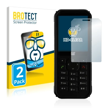 Parte frontal de un envase de producto con el logotipo de la marca BROTECT. Al lado se muestra el dispositivo Caterpillar Cat 