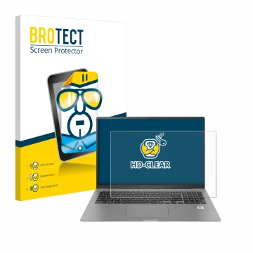 Parte frontal de un envase de producto con el logotipo de la marca BROTECT. Al lado se muestra el dispositivo LG gram 17'' 202