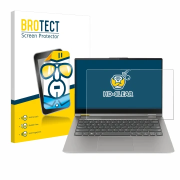 Parte frontal de un envase de producto con el logotipo de la marca BROTECT. Al lado se muestra el dispositivo Lenovo ThinkBook