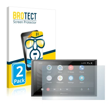 Parte frontal de un envase de producto con el logotipo de la marca BROTECT. Al lado se muestra el dispositivo Pioneer SPH-EVO6