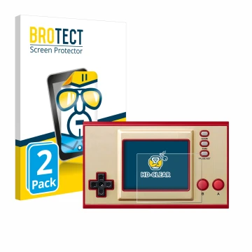 Parte frontal de un envase de producto con el logotipo de la marca BROTECT. Al lado se muestra el dispositivo Nintendo Game & 