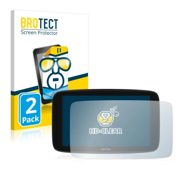 Parte frontal de un envase de producto con el logotipo de la marca BROTECT. Al lado se muestra el dispositivo TomTom Go Expert