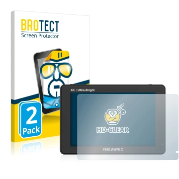 Parte frontal de un envase de producto con el logotipo de la marca BROTECT. Al lado se muestra el dispositivo Feelworld LUT7 7