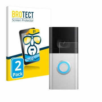 Parte frontal de un envase de producto con el logotipo de la marca BROTECT. Al lado se muestra el dispositivo Ring Video Doorb