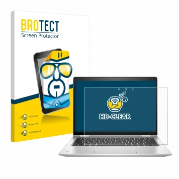 Parte frontal de un envase de producto con el logotipo de la marca BROTECT. Al lado se muestra el dispositivo HP ProBook x360 