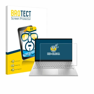 Parte frontal de un envase de producto con el logotipo de la marca BROTECT. Al lado se muestra el dispositivo HP Pavilion x360