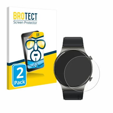 Parte frontal de un envase de producto con el logotipo de la marca BROTECT. Al lado se muestra el dispositivo Huawei Watch GT 