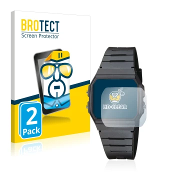 Parte frontal de un envase de producto con el logotipo de la marca BROTECT. Al lado se muestra el dispositivo Casio Collection