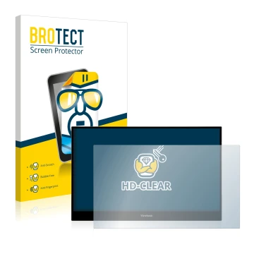 Parte frontal de un envase de producto con el logotipo de la marca BROTECT. Al lado se muestra el dispositivo ViewSonic TD1655