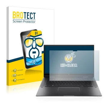 Parte frontal de un envase de producto con el logotipo de la marca BROTECT. Al lado se muestra el dispositivo HP Envy x360 (15