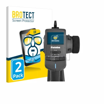 Parte frontal de un envase de producto con el logotipo de la marca BROTECT. Al lado se muestra el dispositivo Futaba T3PV con 
