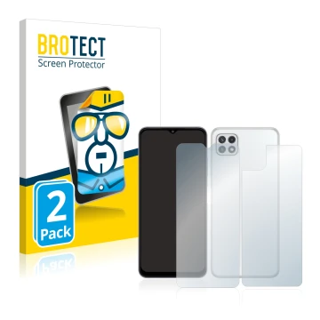 Parte frontal de un envase de producto con el logotipo de la marca BROTECT. Al lado se muestra el dispositivo Samsung Galaxy A